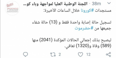 مستجدات كورونا.. حالة إصابة يقابلها 13 حالة تعافي في حضرموت