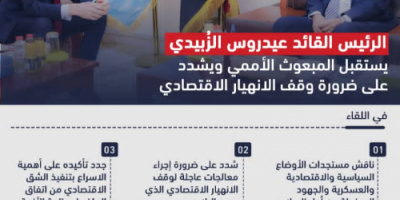 إنفوجرافيك: خلال لقائه بالمبعوث الأممي ..الرئيس الزُبيدي يجدد تاكيده على دعم جهود المبعوث تجاه عملية تفاضية شاملة