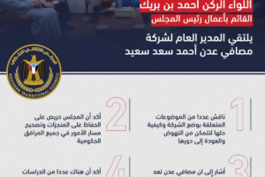  إنفوجرافيك: اللواء بن بريك يناقش مع مدير مصافي عدن عدداً من البحوث بخصوص إعادة تأهيل المصافي