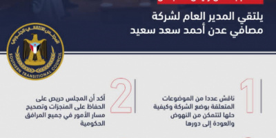  إنفوجرافيك: اللواء بن بريك يناقش مع مدير مصافي عدن عدداً من البحوث بخصوص إعادة تأهيل المصافي