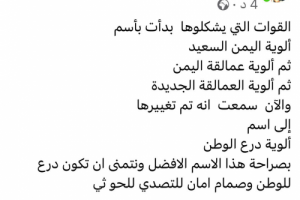 نشطاء: ابتعاد "ألوية اليمن السعيد" عن استنساخ اسم "العمالقة" والاستقرار على "درع الوطن" خطوة إيجابية