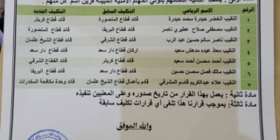 صدور قرارات بتعيين قادة قطاعات قوات الحزام الأمني في العاصمة عدن (أسماء)
