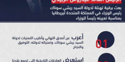 الرئيس الزُبيدي يهنئ سوناك بتولي رئاسة وزراء بريطانيا "انفوجرافيك" 