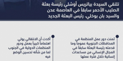 إنفوجرافيك: سوقي تلتقي السيدة بياتريس رئيسة بعثة الصليب الأحمر سابقاً في عدن