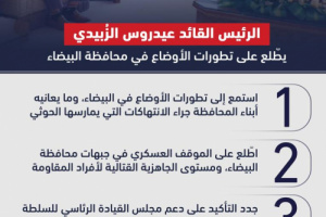 أبرز ما جاء في لقاء الرئيس الزُبيدي مع محافظ محافظة البيضاء (انفوجرافيك)