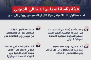 إنفوجرافيك: هيئة رئاسة الانتقالي تُطالب التحالف بنقل مركز التفتيش من جيبوتي إلى العاصمة عدن