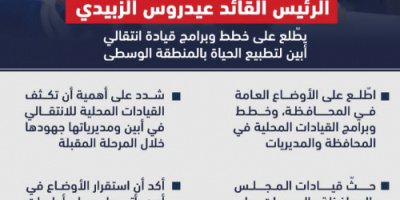 الرئيس الزُبيدي يوجه القيادات المحلية لـانتقالي أبين بتطبيع الحياة "انفوجرافيك"