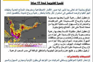 المركز الوطني للأرصاد والإنذار المبكر يتوقع استمرار هطول الامطار الغزيرة المصحوبة بالعواصف الرعدية.