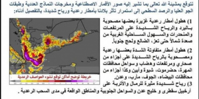 المركز الوطني للأرصاد والإنذار المبكر يتوقع استمرار هطول الامطار الغزيرة المصحوبة بالعواصف الرعدية.