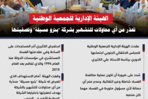 انفوجرافيك| الهيئة الإدارية للجمعية الوطنية تحذّر من أي محاولات للتشهير بشركة "بترو مسيلة" وتصفيتها