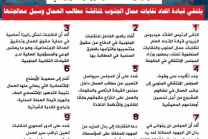 انفوجرافيك|‏ الرئيس الزُبيدي يلتقي قيادة اتحاد نقابات عمال الجنوب لمناقشة مطالب العمال وسُبل معالجتها