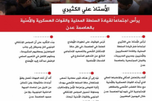 انفوجرافيك| الكثيري يرأس اجتماعاً لقيادة السلطة المحلية والقوات العسكرية والأمنية بالعاصمة عدن