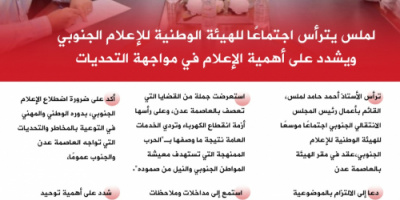 انفوجرافيك| لملس يترأس اجتماعًا للهيئة الوطنية للإعلام الجنوبي ويشدد على أهمية الإعلام في مواجهة التحديات