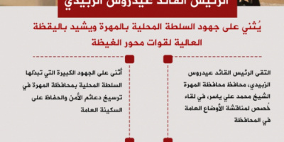 #انفوجرافيك| الرئيس الزُبيدي يُثني على جهود السلطة المحلية بالمهرة ويشيد باليقظة العالية لقوات محور الغيظة  