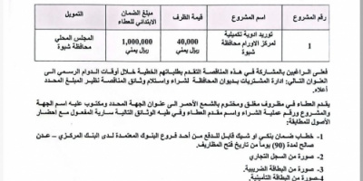 شبوة: السلطة المحلية تعلن عن مناقصة لتوريد أدوية لمركز علاج الأورام بالمحافظة
