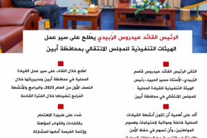 انفوجرافيك| الرئيس الزُبيدي يطّلع على سير عمل الهيئات التنفيذية للمجلس الانتقالي بمحافظة أبين