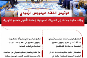 انفوجرافيك|الرئيس الزُبيدي يؤكد حاجة بلادنا إلى الخبرات الصينية لإعادة تأهيل قطاع الكهرباء