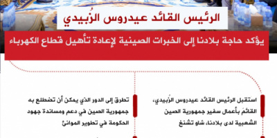 انفوجرافيك|الرئيس الزُبيدي يؤكد حاجة بلادنا إلى الخبرات الصينية لإعادة تأهيل قطاع الكهرباء