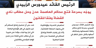 انفوجرافيك|الرئيس الزبيدي يوجه بسرعة فتح محاكم عدن وحل مطالب نادي القضاة وفقا للقانون