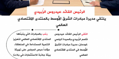 انفوجرافيك| الرئيس الزُبيدي يلتقي مديرة مبادرات الشرق الأوسط بالمنتدى الاقتصادي العالمي