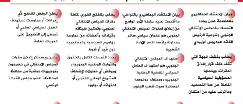 انفوجرافيك| أبرز ماجاء في بيان الاحتشاد الـجماهيـري بالعاصمة عدن اليوم الأربعاء