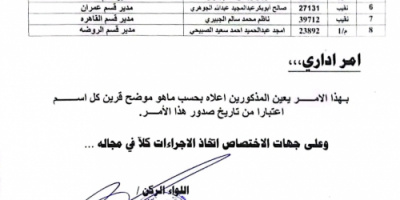 مدير أمن العاصمة عدن يصدر قرارات جديدة لمدراء أقسام الشرطة